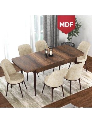 Canisa Concept Via Serisi MDF Açılabilir Barok Ahşap Desenli Mutfak Masası Takımı, Yemek Masası+6 Adet Sandalye