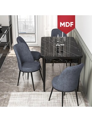 Canisa Concept Via Serisi 80X132 MDF Açılabilir Siyah Mermer Desen Mutfak Masa Takımı+4 Adet Sandalye