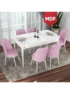 Canisa Concept Via Serisi MDF Beyaz Mermer Desen Açılabilir 80X132 Mutfak Masası Takımı 6 Adet Sandalye