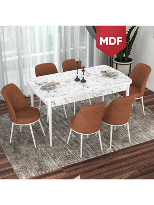 Canisa Concept Via Serisi MDF Beyaz Mermer Desen Açılabilir 80X132 Mutfak Masası Takımı 6 Adet Sandalye