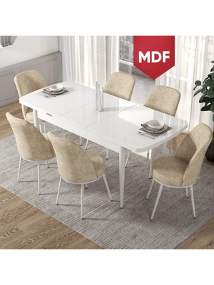 Canisa Concept Via MDF Açılabilir Mutfak Masası Takımı- Beyaz Açılabilir Masa +6 Krem Sandalye