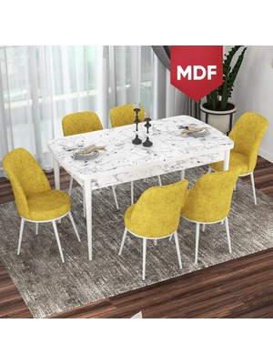 Canisa Concept Via Serisi MDF Beyaz Mermer Desen Açılabilir 80X132 Mutfak Masası Takımı 6 Adet Sandalye