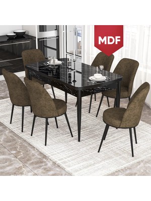 Canisa Concept Via Serisi MDF Açılabilir Mutfak Masa Takımı- Siyah Mermer Desen Masa+6 Adet Sandalye