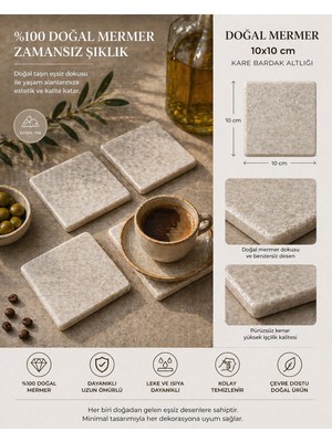 Blokon Premium Doğal Mermer Bardak Altlığı 10X10 cm – Şık & Dayanıklı Taş Coaster