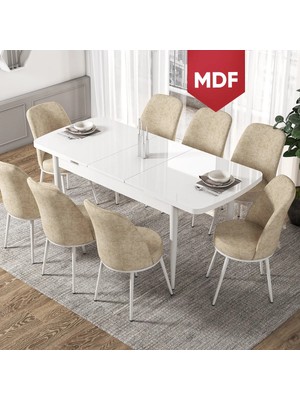 Canisa Concept Via Serisi Açılabilir Beyaz Renk Mutfak Masası Takımı, Yemek Masası+8 Adet Sandalye
