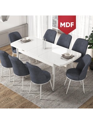 Canisa Concept Via Serisi Açılabilir MDF Beyaz Renk Mutfak Masası Takımı, Yemek Masası+8 Adet Sandalye