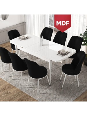 Canisa Concept Via Serisi Açılabilir Beyaz Renk Mutfak Masası Takımı, Yemek Masası+8 Adet Sandalye