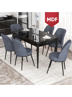 Canisa Concept Via Serisi 80X132 Açılabilir MDF Siyah Mermer Desen Mutfak Masa Takımı-6 Adet Sandalye