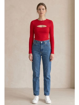 Lupinn Kadın Kırmızı Cut Out Bluz Uzun Kollu Fit Kalıp Göğüs Dekolteli Modern Şık Üst Bluz