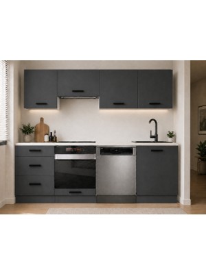 T Designo Sima Hazır Mutfak Dolabı 240 Cm-Beyaz Laminat Tezgah Dahil-Bulaşık Makinesi Yeri Mevcut-Mat