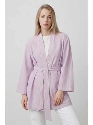 Saade Lila Kadın Dikey Çizgili Geniş Kollu Şık Yazlık Relaxed Kimono