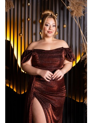 Abiyefon Kayık Yaka Uzun Simli Büyük Beden Abiye ABU2658