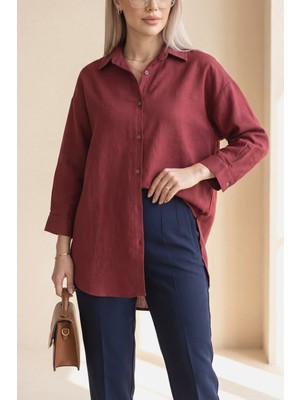 Moda Morfo Düğmeli Keten Gömlek  -Bordo