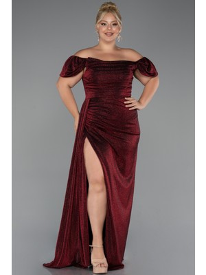 Abiyefon Kayık Yaka Uzun Simli Büyük Beden Abiye ABU2658