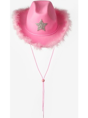 Le Mabelle Pembe Yıldız Desenli Tüylü Kız Çocuk Kovboy Şapkası