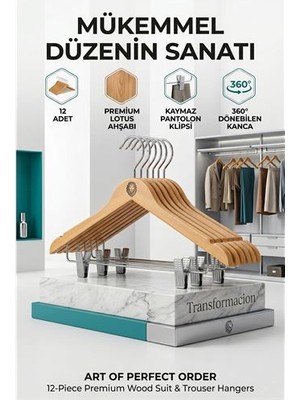 Nemere 12'li Ahşap Takım Elbise Askısı Seti | Kıskaçlı Pantolon Askısı Kaymaz Çentikli Ceket Ask�