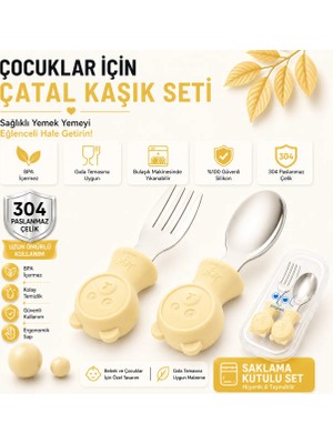 Jojobebek Sarı Renk Ayıcık Figürlü Premium Çocuk BPA Free Silikon Sap Paslanmaz Çelik Uçlu Çatal-Kaşık Set ve Saklama Kutusu 9+ Ay