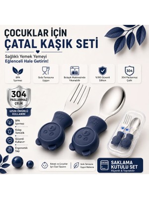 Jojobebek Lacivert Renk Ayıcık Figürlü Premium Çocuk BPA Free Silikon Sap Paslanmaz Çelik Uçlu Çatal-Kaşık Set ve Saklama Kutusu 9+ Ay