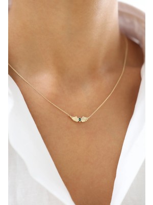 Zeyd Jewelry Yeşil Damla Taşlı Kanat 14 Ayar Altın Kolye