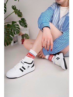 Homiro Unisex Bağcıklı Cırtlı Spor Sneaker Ayakkabı-Beyaz-Siyah