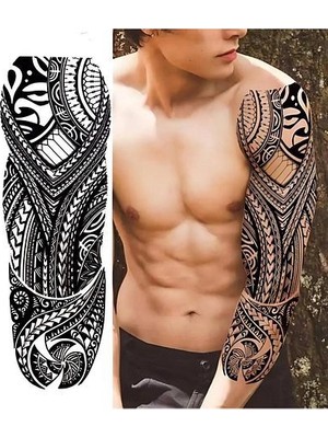 Çılgıntrend Maori Geçici Dövme Full Kol – Tribal Desenli Büyük Boy Tattoo (48X17 Cm)