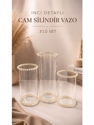 Mum Sihirliay Inci Detaylı Cam Vazo, 3’lü Cam Vazo,yüzen Mum, Hediyelik Vazo, Dekoratif Cam Vazo