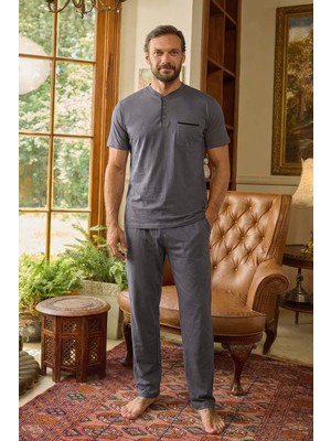 Aydoğan Erkek Kısa Kol Pamuklu Pijama Takımı 260424 Füme