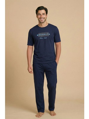 Wordex Mrn 8108 Penye Brooklyn Yazılı Erkek Yazlık Kısa Kollu Cepli Pijama Takımı