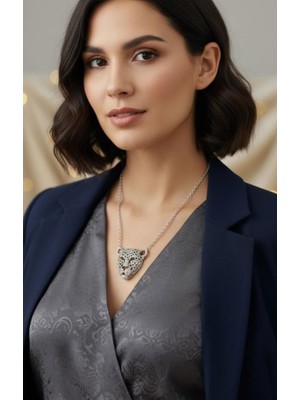 Vintage Takı Özel Tasarım Işıltılı Silver Leopar Kolye & Gece Şıklığı Statement Panter Kolye