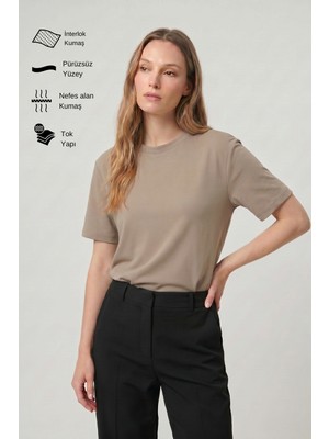 Allunique Kadın Interlok Pamuklu Bisiklet Yaka Vizon T-Shirt