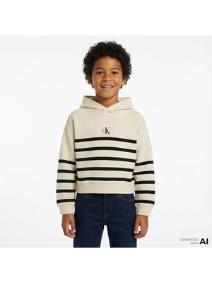 Calvin Klein Logo Boxy Fit Stripes Çocuk Beyaz Sweatshirt
