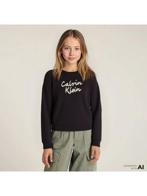 Calvin Klein Logo Metallic Intersia Çocuk Siyah Triko