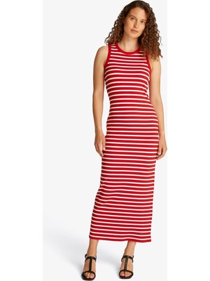 Tommy Hilfiger Slim 5x2 Rib Midi Kadın Kırmızı Elbise