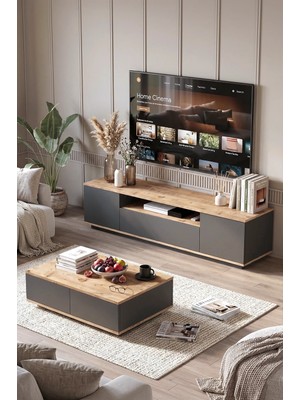 Yurudesign Future Tv Ünitesi Orta Sehpa 2'li Set Çam-Antrasit FR17-AA
