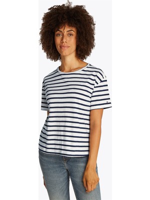 Tommy Hilfiger Modern Co Linen C-Nk Kadın Mavi T-Shirt