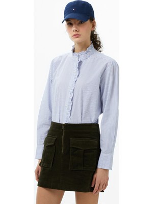 Tommy Hilfiger Poplin Ruffle Kadın Mavi Gömlek