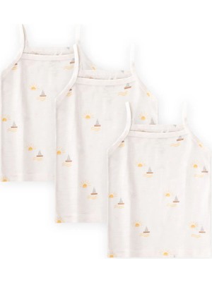 Cigit Ip Askılı Kız Atlet Üçlü Yelken Güneş Baskılı Ekru