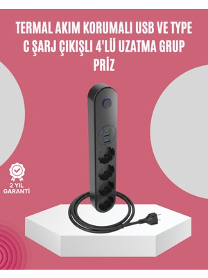 LED Anahtarlı Akım Korumalı Çoklu Priz 4 Priz 3 USB Girişli