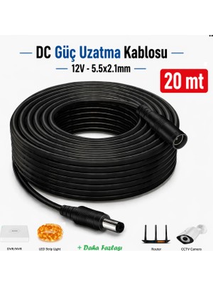 Anktek Dc Adaptör Güç Uzatma Kablosu 5.5x2.1mm 12V Kamera LED Monitör Dvr Nvr... 20 mt