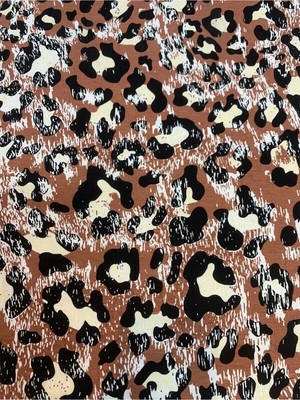 Yiğit Kumaş Desenli Viskon Penye Kumaş Dökümlü Esnek Elbiselik - Kahve Leopar Desen