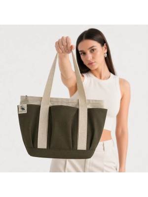 Bordglow PlusGlow Design Serisi – Haki Premium Kanvas Tote Bag | 9 cep - Fermuarlı (40x26x12 cm)