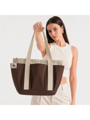 Bordglow PlusGlow Design Serisi – Kahverengi Premium Kanvas Tote Bag | 9 cep - Fermuarlı (40x26x12 cm)