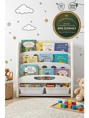 Crealisol Montimini: 4 Katlı Montessori Çocuk Kitaplığı - Geniş Kütüphane ve Oyuncak Düzenleyici Ünite