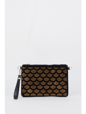 Vivaq Kadın Yelpazer Altın Taşlı Süet Bilek Askılı ve Zincir Askılı Portföy El ve Clutch Çanta