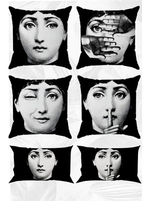 Fornasetti Temalı Çift Tarafı Baskılı 43X43 ve 30X50 Kırlent Yastık Kılıfı 6'lı Set