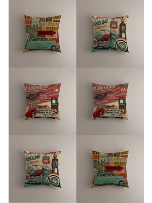 Retro Route 66 Temalı Kırlent Kılıfı Seti  (43X43 Cm)