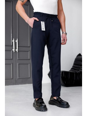 Modamesto Erkek Lacivert Slim Fit Likralı Beli Lastikli Bağcıklı Yan Cep Jogger Kumaş Pantolon