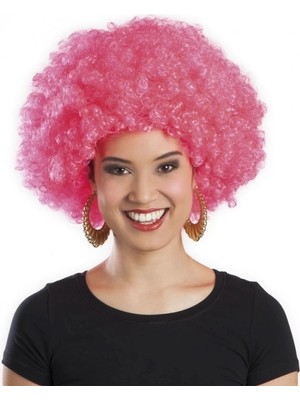 Pembe Renk Kıvırcık Afro Bonus Peruk