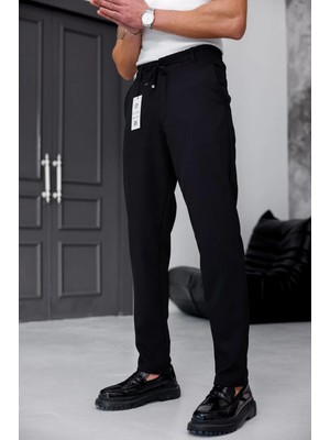 Ser Joven Erkek Siyah Slim Fit Likralı Beli Lastikli Bağcıklı Yan Cep Jogger Kumaş Pantolon