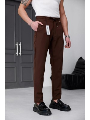 Ser Joven Erkek Kahverengi Slim Fit Likralı Beli Lastikli Bağcıklı Yan Cep Jogger Kumaş Pantolon